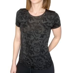 Vintage Gray Black Contrast Jacquard Pattern Stretchy Short-sleeved Top Small